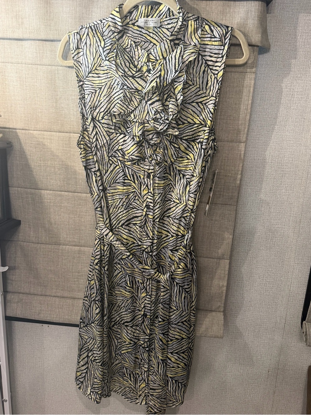 Tahari Yellow and Black Printed Ruffle-Front Midi Dress